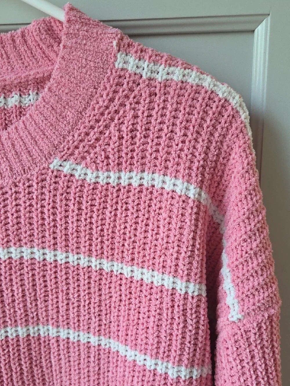 J. Crew Pink Crewneck Sweater with White Stripes